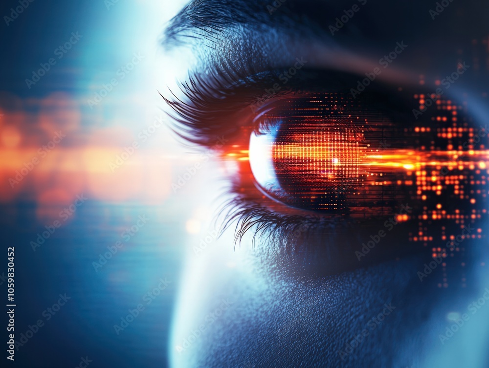 Poster exploring the intersection of technology and human perception through the eye's digital reflection