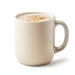 Fototapeta premium A white coffee mug with a white foam on top and a few pieces of coconut. The mug is sitting on a white background