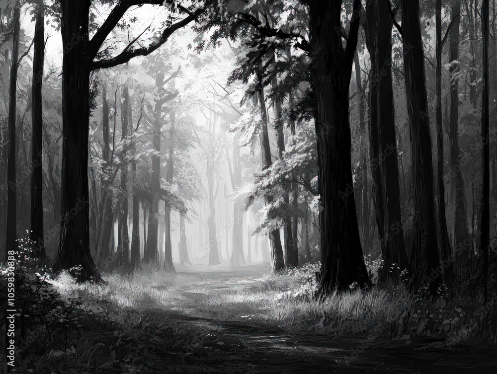 Poster mysterious forest pathway shrouded in fog and shadows inviting exploration and reflection