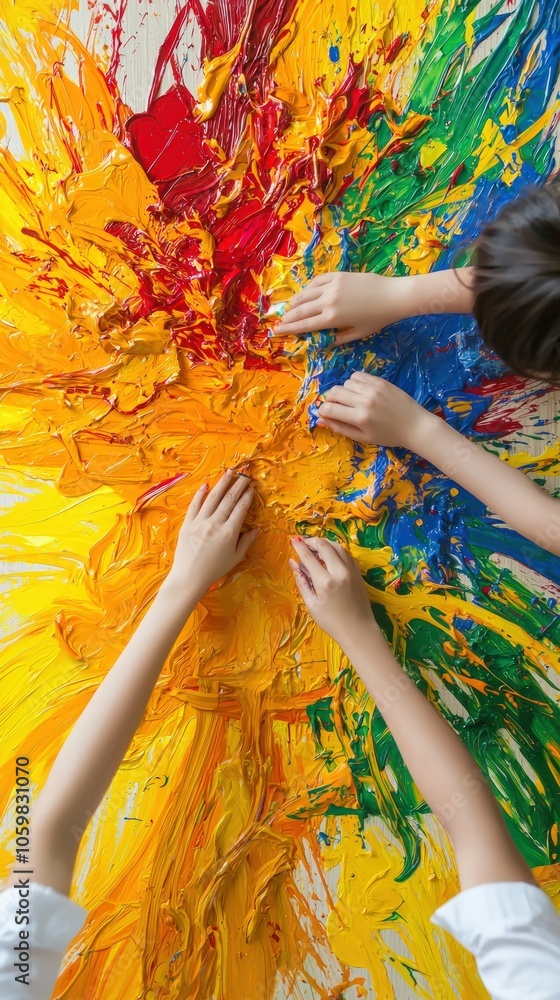 Poster exploring creative expression through colorful art and collaborative hands-on painting activity