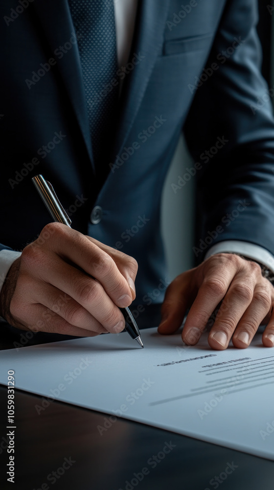 Poster a man in a suit is signing a document with a pen. concept of formality and professionalism, as the m