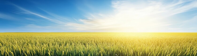 Fototapeta premium Serene landscape, golden wheat field swaying gently under a vibrant blue sky on sunny day