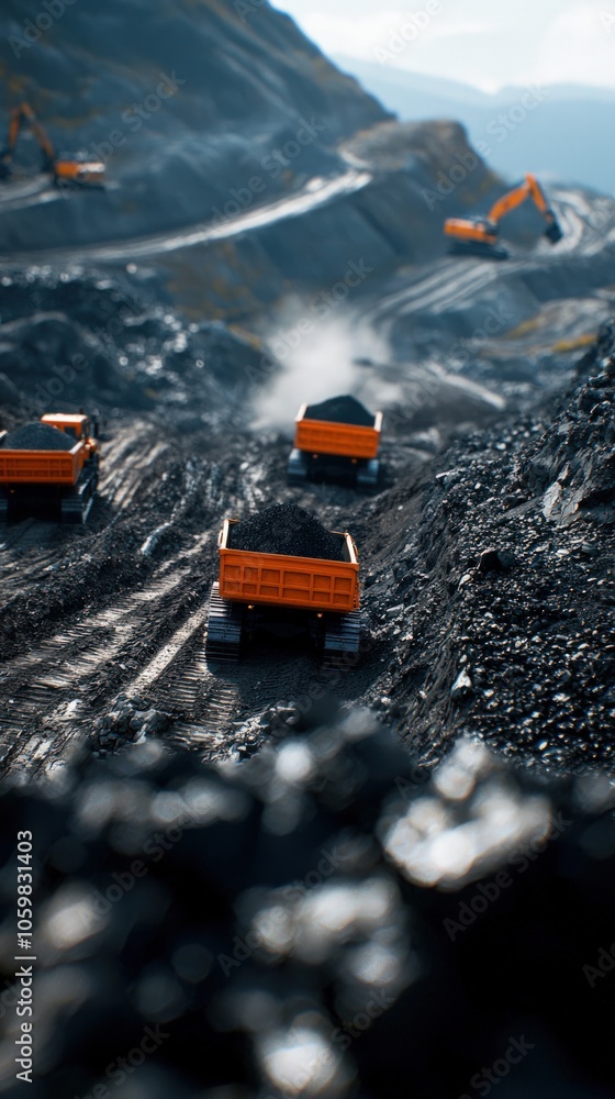 Poster heavy machinery at work in an open-pit mining operation amidst rugged terrain