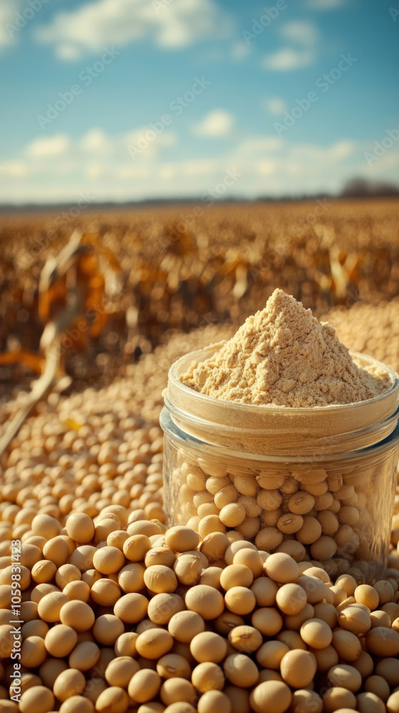 Poster a jar of soybeans is sitting on top of a pile of soybeans. the jar is half full and the pile of soyb