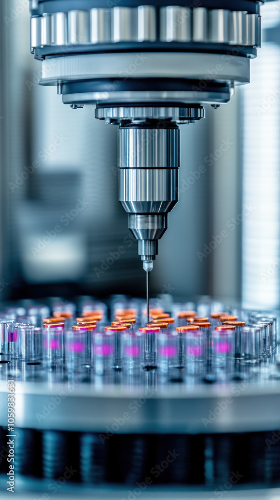 Poster a machine is used to inject a substance into a container. the container is filled with many small co