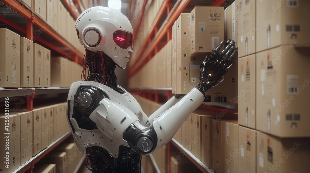 Poster a robot is reaching for a box on a shelf. the robot is white and has red eyes