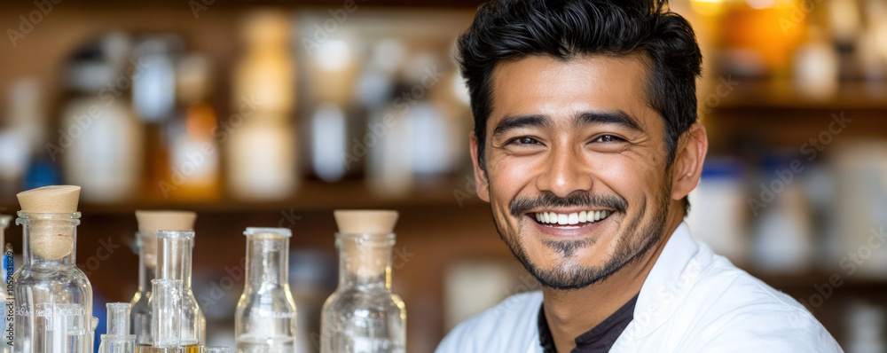 Poster a man in a lab coat is smiling and posing for a picture. concept of happiness and contentment