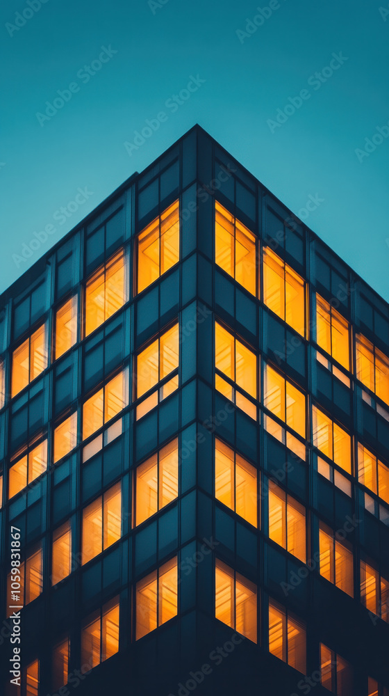 Aufkleber a tall building with many windows and a corner that is lit up in yellow. the building is surrounded 