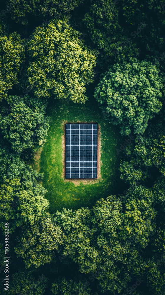 Poster a small, square structure is surrounded by trees in a lush green forest. the structure is in the cen
