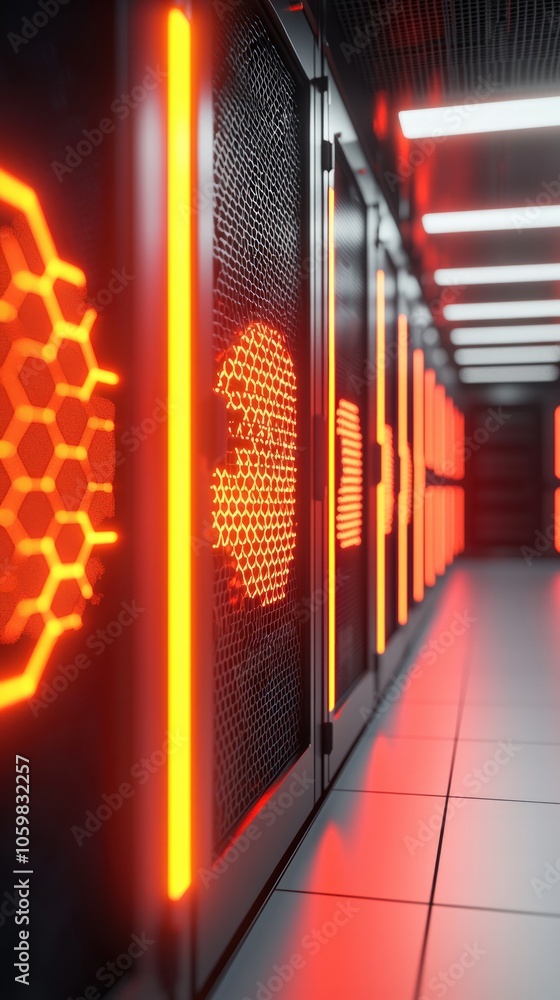 Poster illuminated server room featuring red led lighting and futuristic design elements