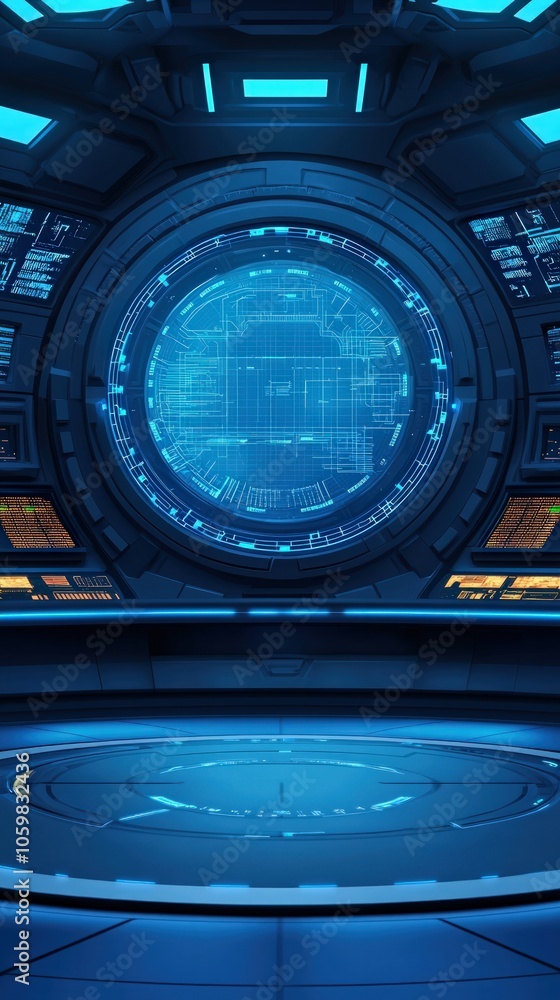Poster futuristic control room with high-tech interface and circular display for scientific exploration