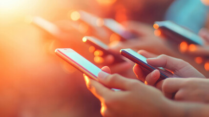 Hands holding smartphones illuminated by warm sunlight, showcasing modern communication and connectivity in everyday life.