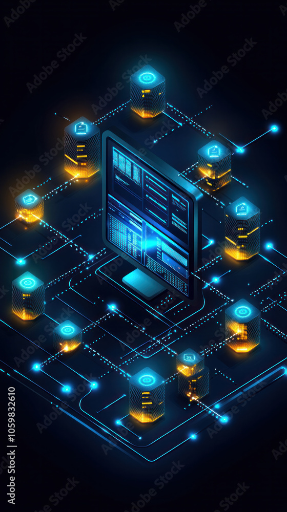 Poster a computer monitor displays a network of servers with a blue screen. the servers are connected by a 