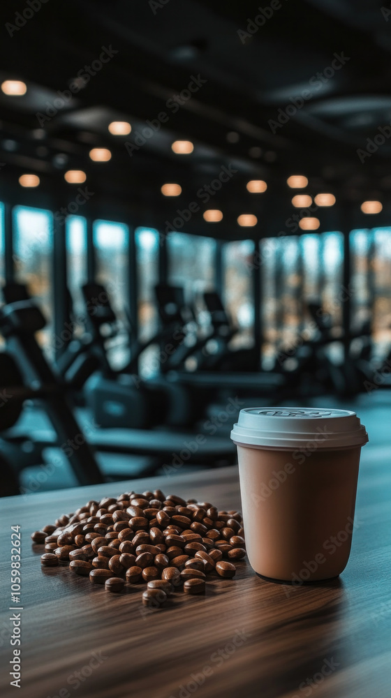 Poster a cup of coffee is on a table with a pile of nuts. the scene is set in a gym, with a view of the cei