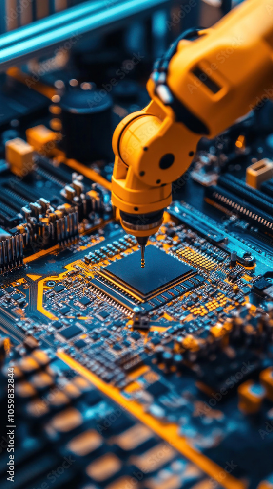 Aufkleber a robot is drilling into a computer chip. the robot is yellow and the chip is blue