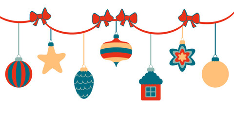 Retro style Christmas garland with ornaments and bows. Perfect for tee, banner, flyer, label, postcard, sale. Hand drawn isolated vector illustration.