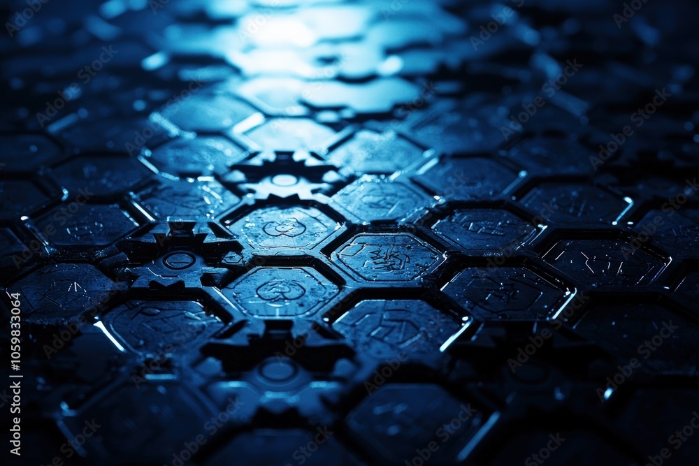 Poster futuristic hexagonal patterns on a dark surface illuminated by cool blue light