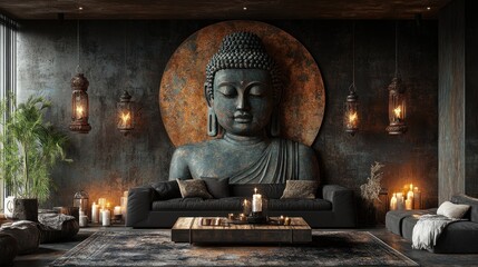 Fototapeta premium A modern living room with a Buddha statue on the wall, candles, and a couch.