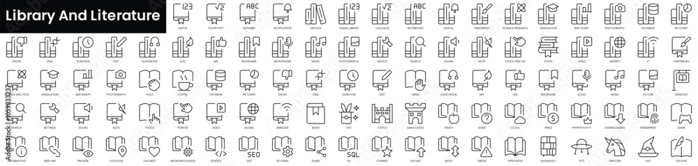 Poster set of outline library and literature icons. minimalist thin linear web icon set. vector illustratio