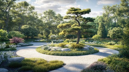 Fototapeta premium Serene Garden Pathway with Lush Greenery and Rocks