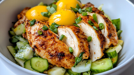 Tender grilled chicken breast slices are served on a bed of fresh cucumbers and greens, topped with sunny-side up eggs and garnished with chopped onions, creating a vibrant dish.