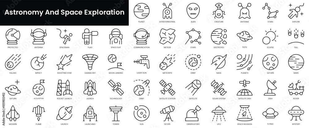 Poster set of outline astronomy and space exploration icons. minimalist thin linear web icon set. vector il