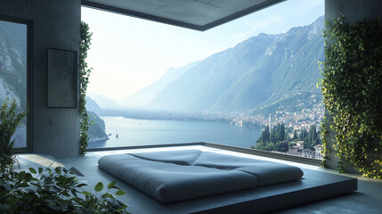 Fototapeta premium Minimalist bedroom with breathtaking mountain and lake view, modern decor, and lush indoor greenery