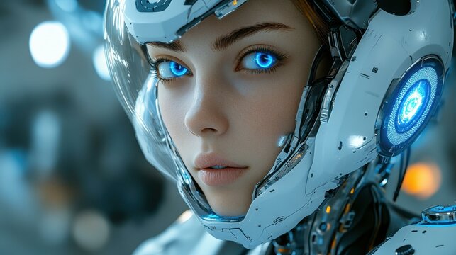A closeup of a humanlike female android, showcasing advanced AI integration and a sleek design in soft daylight.