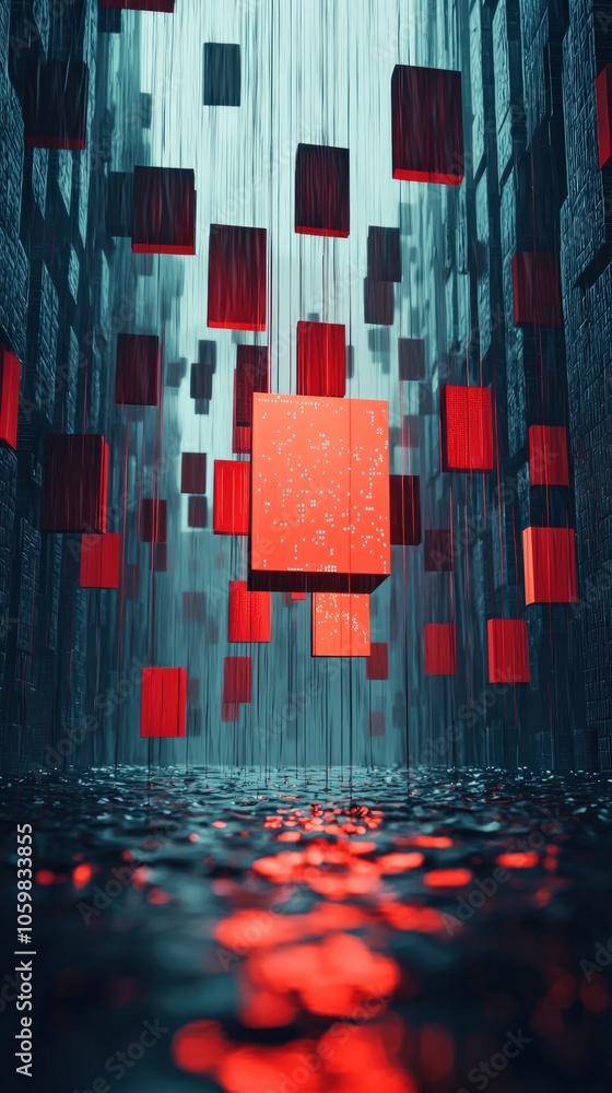 Poster dynamic red cubes suspended in a digital rain environment of technology and innovation