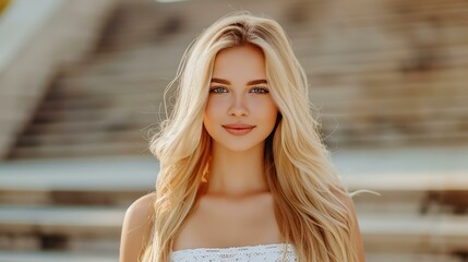 A cheerful girl with stunning blond hair captures a selfie in Berlin, showcasing her joy by an...