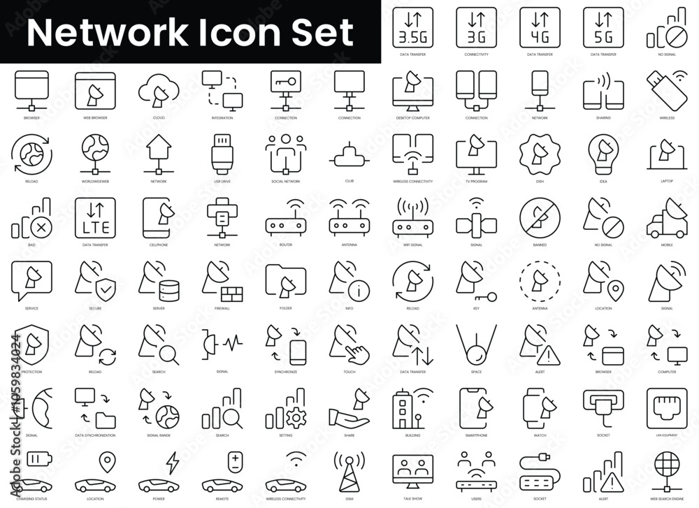 Aufkleber set of outline network icon icons. minimalist thin linear web icon set. vector illustration.