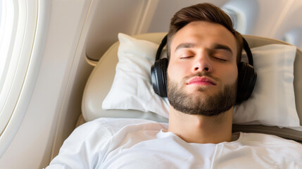 A traveler finds peace, lost in music with headphones on, enjoying the calming view from a plane window.