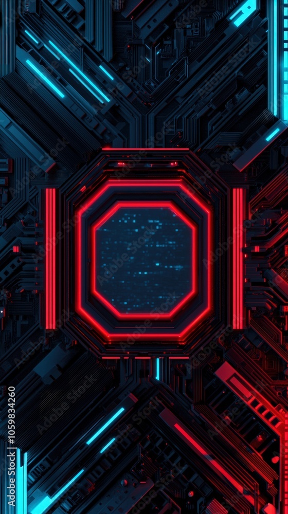 Poster futuristic tech design with vibrant red and blue circuit patterns for digital aesthetics