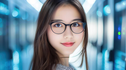 A cheerful young woman in a smart outfit manages a network in a hightech server room, exuding confidence and skill.