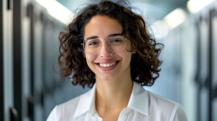 A cheerful young woman in a smart outfit manages a network in a hightech server room, exuding confidence and skill.