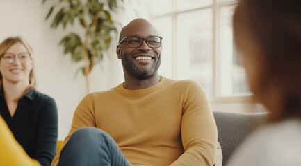 Obraz premium Happy confident project leader man meeting with diverse team in co-working, talking to colleagues sitting in circle and smiling, enjoying offline communication, discussing business ideas.