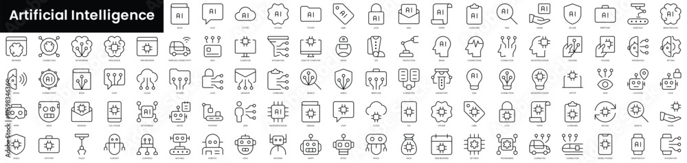 Poster set of outline artificial intelligence icons. minimalist thin linear web icon set. vector illustrati