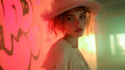 A woman wearing a hat and a white dress is standing in front of a graffiti wall. The wall is pink and has a lot of writing on it. The woman is looking at the camera with a smile on her face
