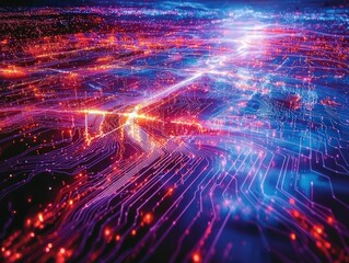 Obraz premium Illuminated Digital Landscape A Stunning Abstract Visualization of Data Flow and Connectivity