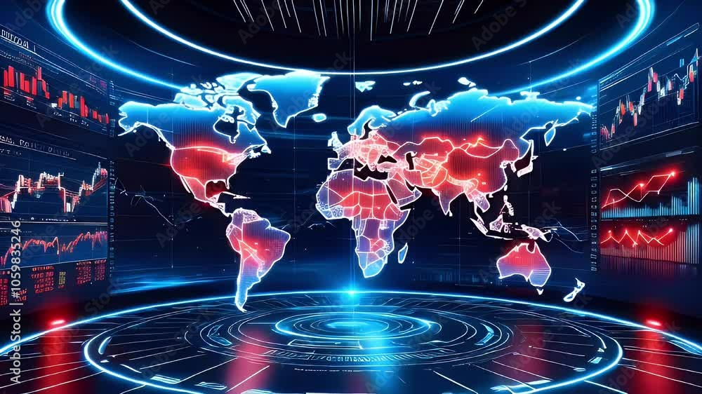 Poster digital world map with red and blue glow surrounded by screens with data charts, graphs, and financi