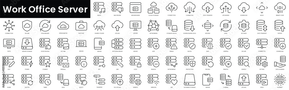 Poster set of outline work office server icons. minimalist thin linear web icon set. vector illustration.