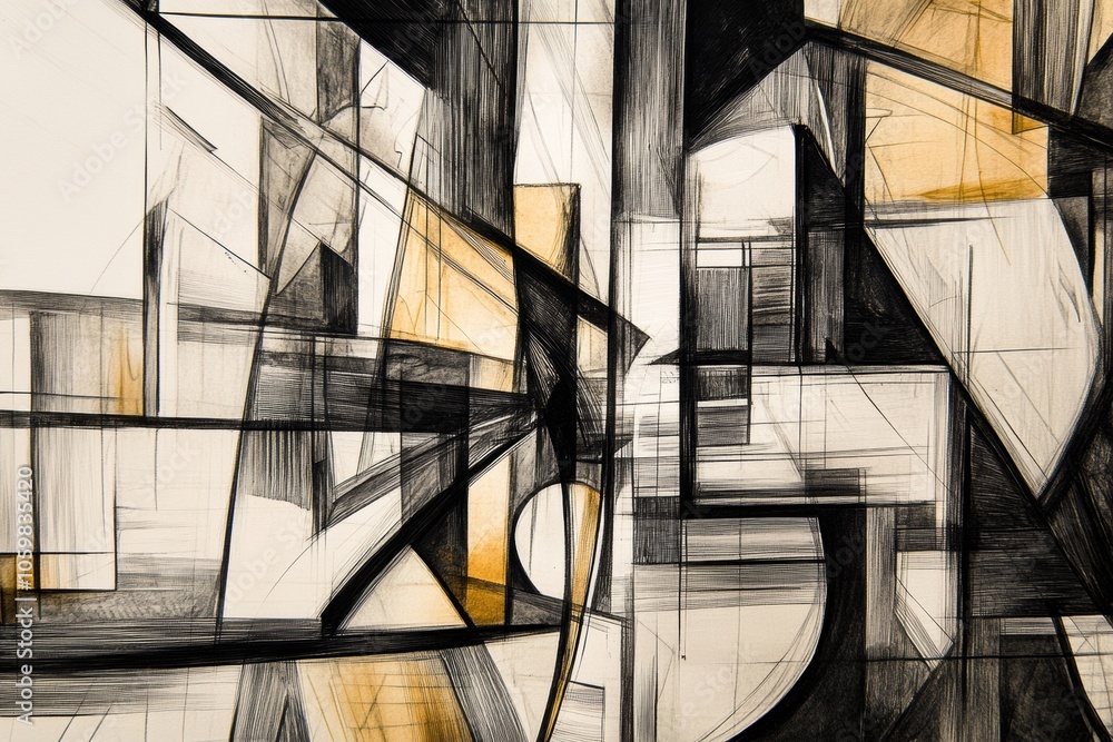 Poster the artwork features a dynamic interplay of black ink lines and shapes, creating an abstract represe