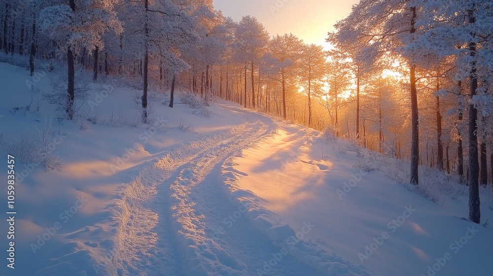 Poster the sun sets behind a snow-covered landscape, casting warm golden hues across a winding path surroun