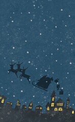 Fototapeta premium 切り絵風のサンタクロースと街のシルエットと雪の降る夜空のクリスマスイラスト
