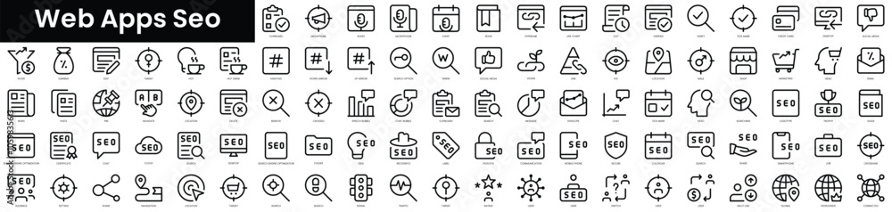 Poster set of outline web apps seo icons. minimalist thin linear web icon set. vector illustration.
