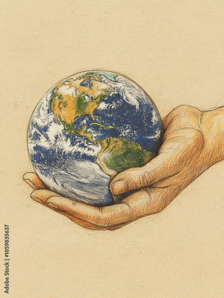 Poster a hand supports the earth, highlighting the importance of taking care of our planet and nurturing it
