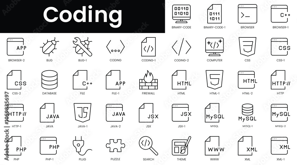 Poster set of outline coding icons. minimalist thin linear web icon set. vector illustration.