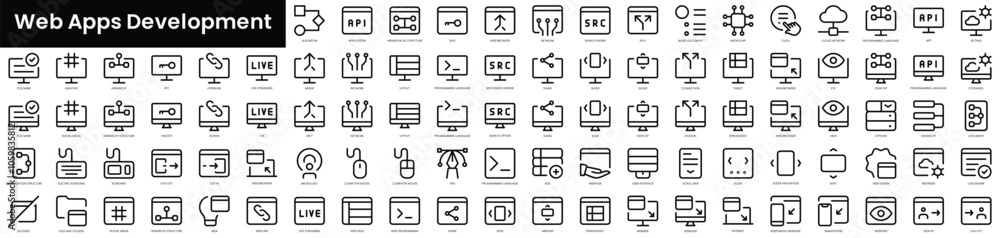 Poster set of outline web apps development icons. minimalist thin linear web icon set. vector illustration.