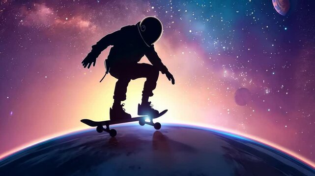 Vector illustration of a skateboarder astronaut performing tricks in outer space with Earth and Mars in the background.