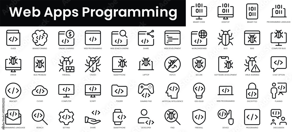 Poster set of outline web apps programming icons. minimalist thin linear web icon set. vector illustration.